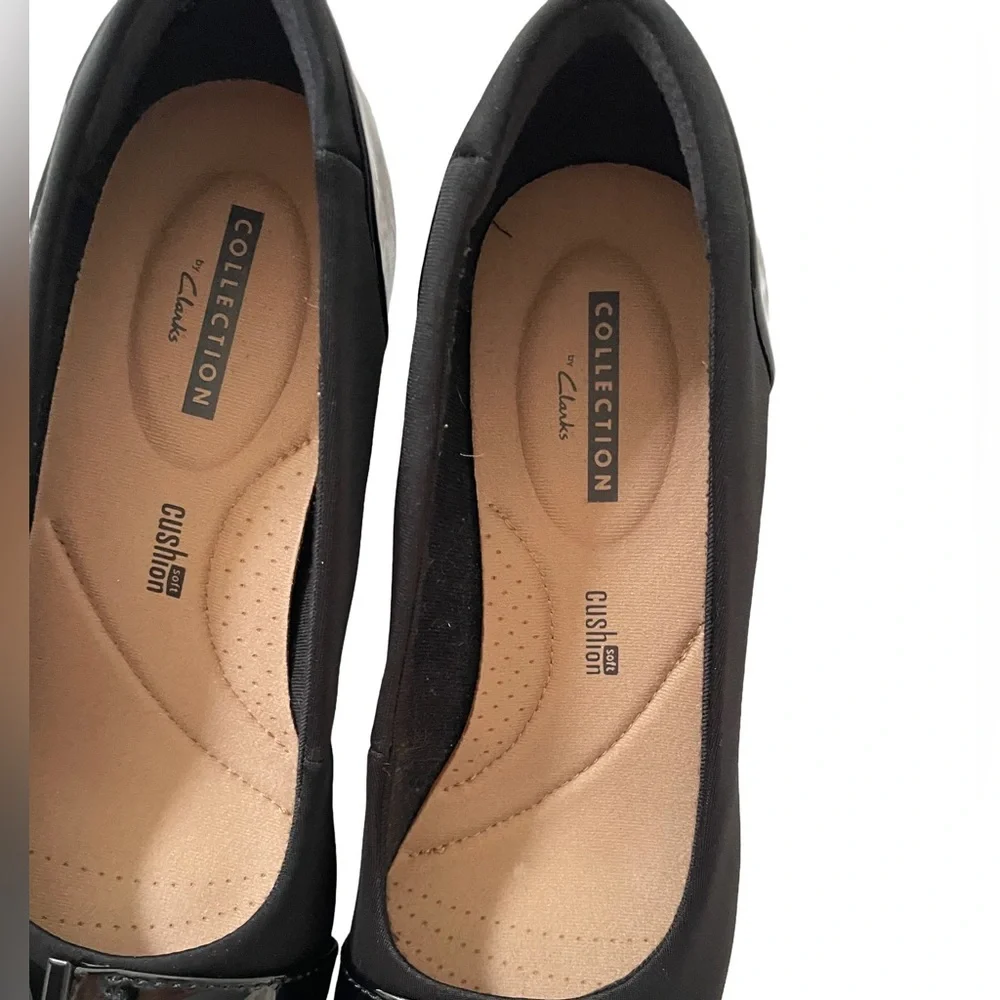 Clarks Black Wedge Pump with Patent Accent